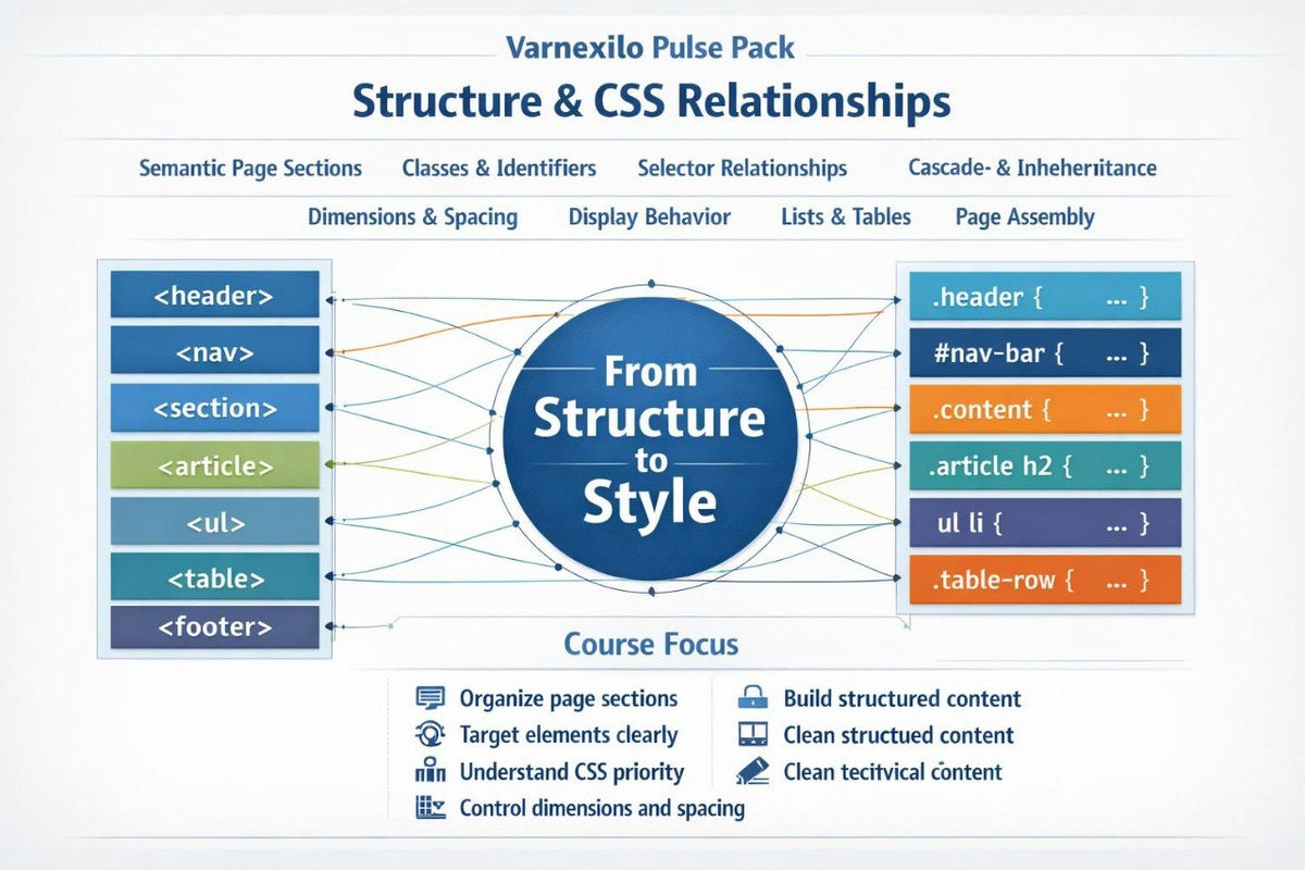 An educational infographic titled 'Structure & CSS Relationships' by Varnexilo Pulse Pack, featuring a central blue circle labeled 'From Structure to Style' connected by lines to columns of HTML tags and CSS selectors on a white background.