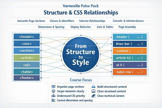 An educational infographic titled 'Structure & CSS Relationships' by Varnexilo Pulse Pack, featuring a central blue circle labeled 'From Structure to Style' connected by lines to columns of HTML tags and CSS selectors on a white background.