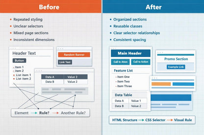 A side-by-side comparison graphic labeled 'Before' and 'After' showing a before-and-after of CSS selector and HTML structure organization. The left side has an orange header and lists issues like repeated styling and unclear selectors.
