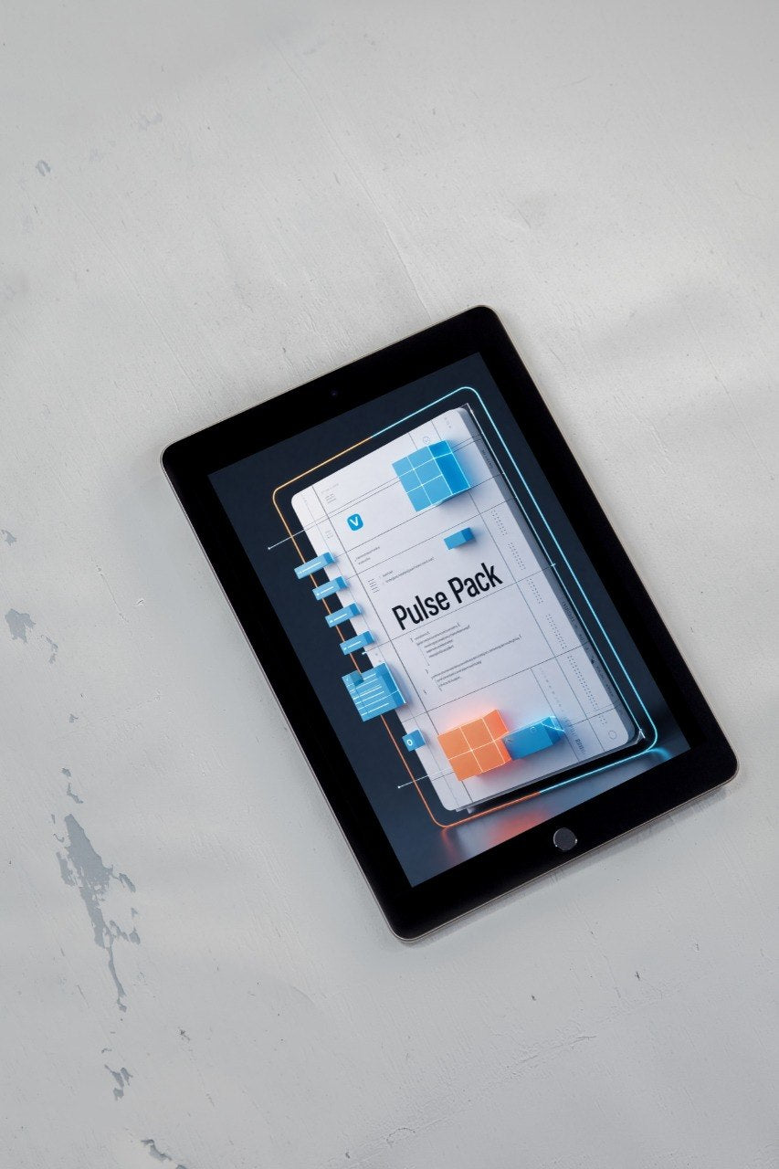 A black tablet device lying on a light gray textured surface, displaying a digital interface labeled 'Pulse Pack' with blue and orange graphic elements.