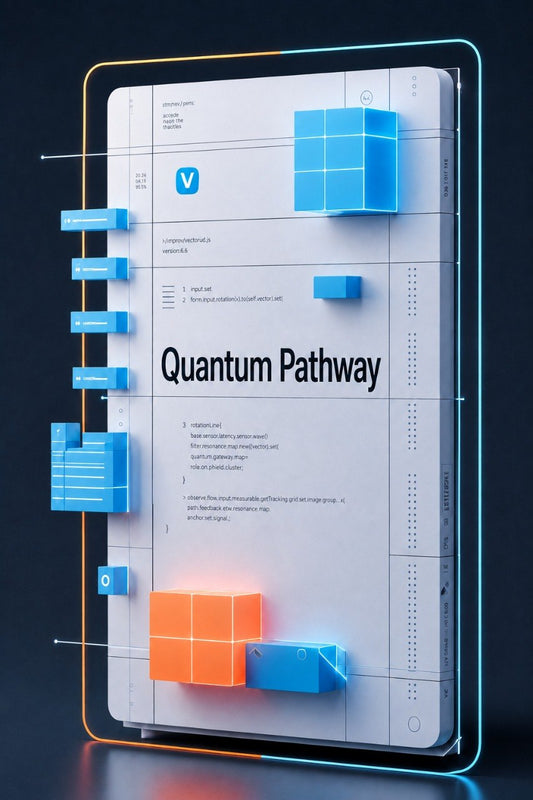 A stylized digital render of a tablet or monitor displaying the title 'Quantum Pathway' with abstract blue and orange geometric blocks and interface graphics on a dark background.
