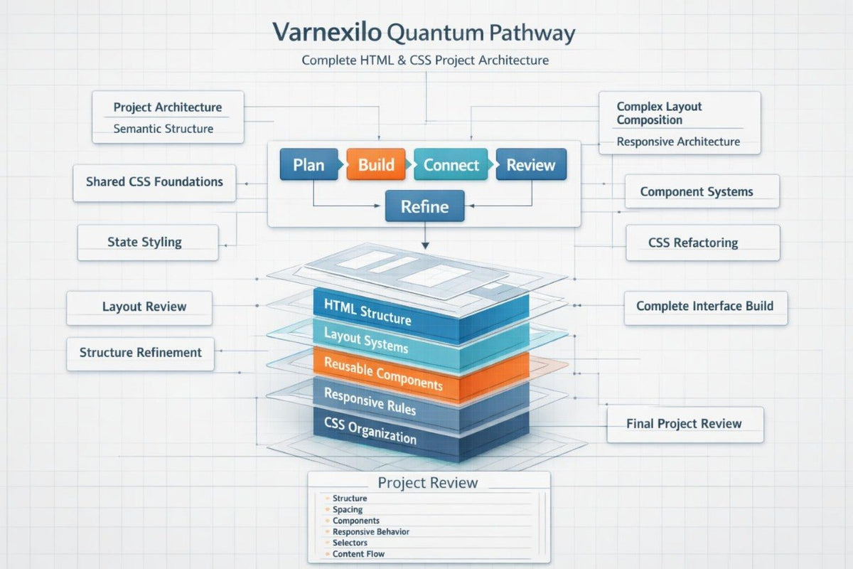 A digital infographic titled 'Varnexilo Quantum Pathway' showing a layered project review and architecture diagram for an HTML & CSS project, with boxes and arrows on a light grid background.