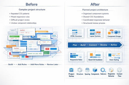 A comparison infographic titled 'Before' and 'After' showing a project management and CSS styling workflow. The left 'Before' side depicts a cluttered, messy stack of browser windows and UI elements with text like 'Repeated CSS patterns' and 'Mixed responsive rules.