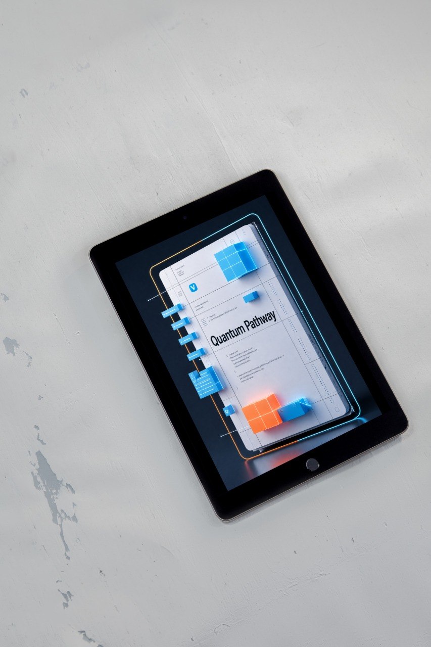 A black tablet device lying diagonally on a light gray textured surface, displaying a digital interface with blue and orange UI elements and the text 'Quantum Pathway'.