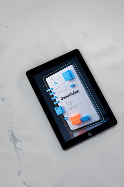 A black tablet device lying diagonally on a light gray textured surface, displaying a digital interface with blue and orange UI elements and the text 'Quantum Pathway'.