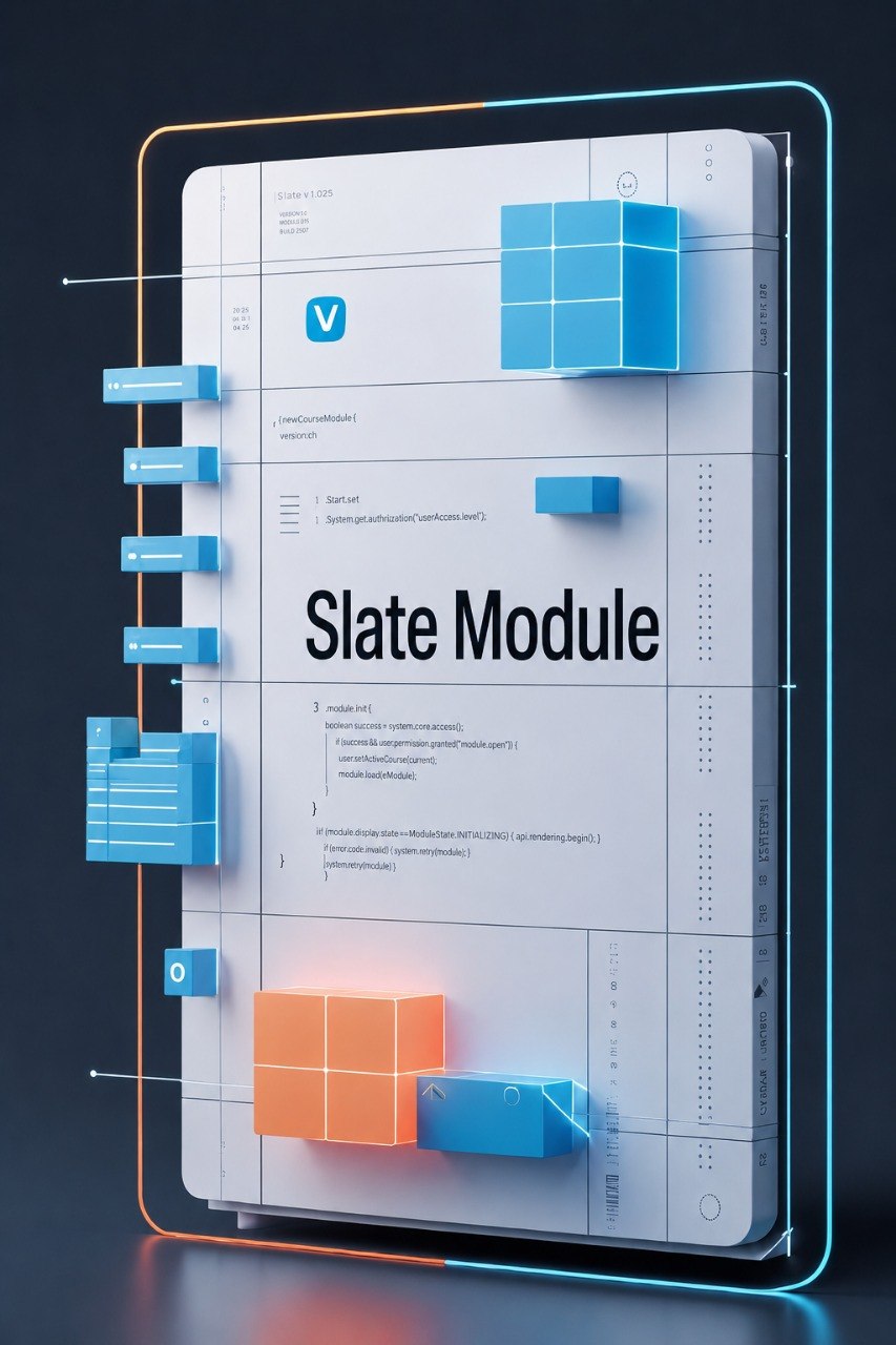 A stylized digital render of a large white interface panel labeled 'Slate Module,' surrounded by glowing blue and orange frame lines and floating blue geometric blocks on a dark background.