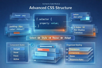 A digital infographic titled 'Advanced CSS Structure' on a dark blue background, showing layered translucent UI panels, a central CSS selector block, example pseudo-class and property labels, and sections for component states and organized styling.