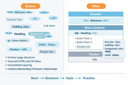 A digital infographic comparing 'Before' and 'After' HTML/CSS learning stages. The left 'Before' column shows basic HTML tags like h1, ul, p, and footer with notes about unclear page structure.